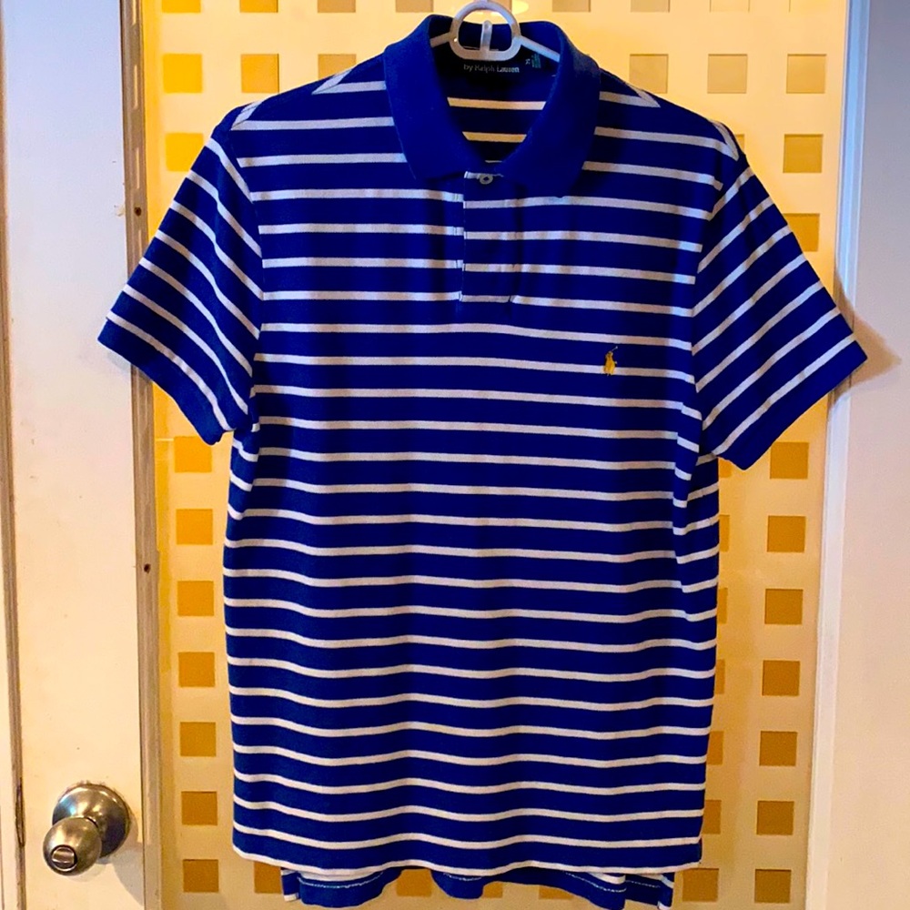 Royal blue and white stripes with yellow emblem